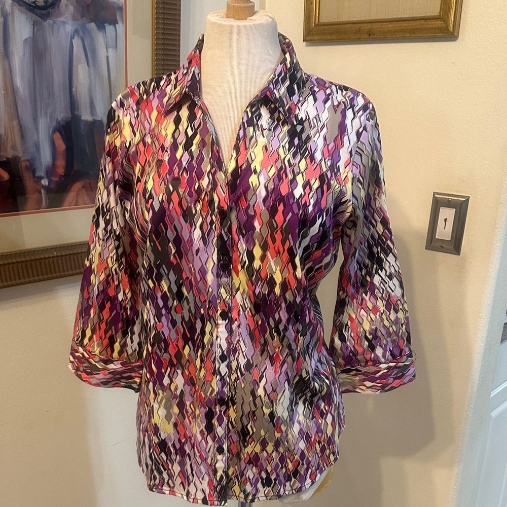Dana Buchman Multicolor Patterned Button Down Top… - image 1